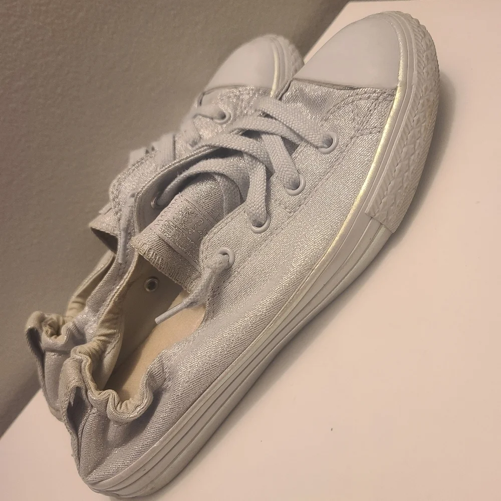 Converse All Star Kids Silver Metallic Canvas Slip On Sneakers